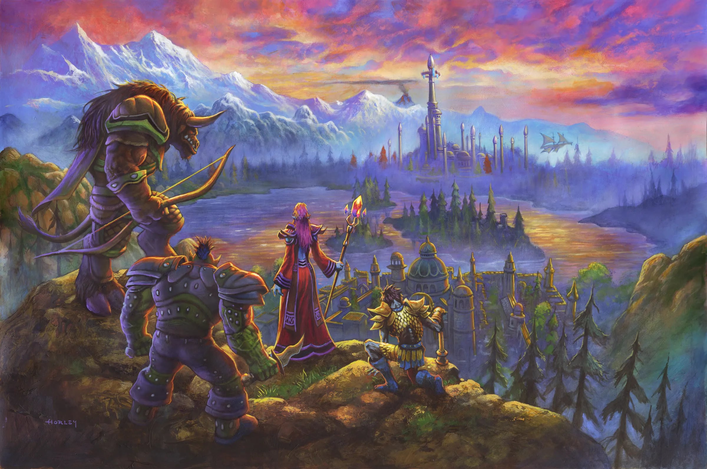 Offizielles Horde-Motiv zu World of Warcraft: Forever: Horde-Helden blicken von einem Felsen über ein weites Tal