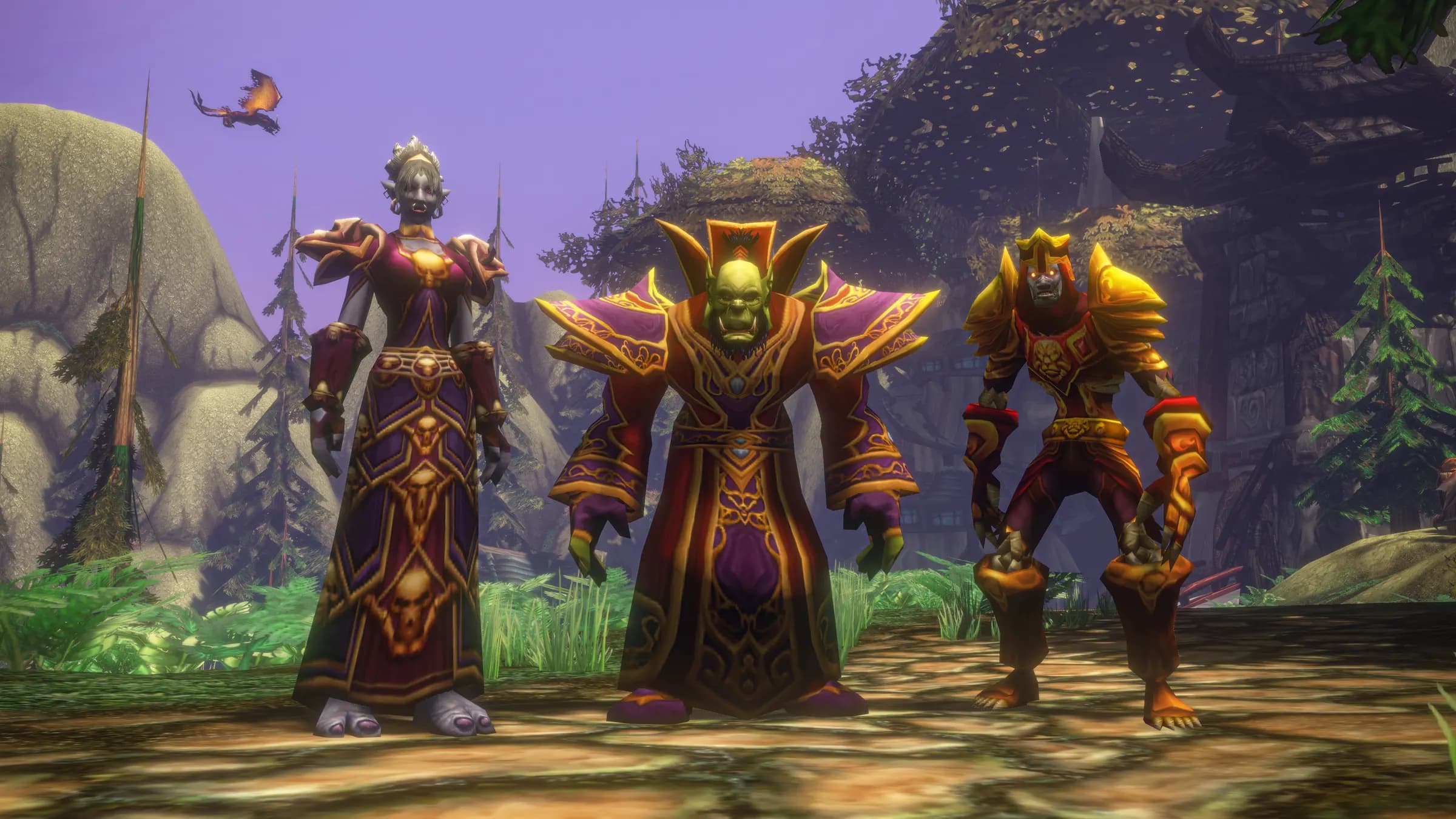 Drei Horde-Charaktere in Roben und Rüstung – Screenshot aus World of Warcraft: Forever